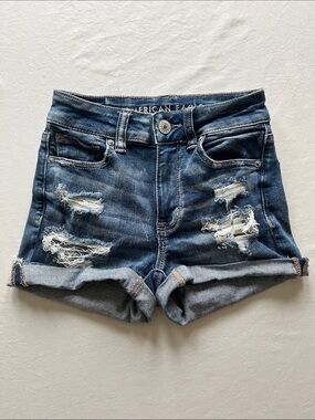 American Eagle Outfitters Blue Distressed Next Level Stretch Hi-Rise Shortie